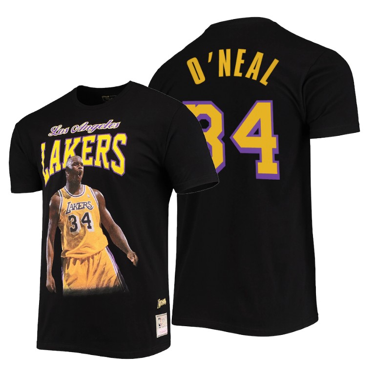 Men's Los Angeles Lakers Shaquille O'Neal #34 NBA Courtside Player Hardwood Classics Black Basketball T-Shirt HSD5383UB